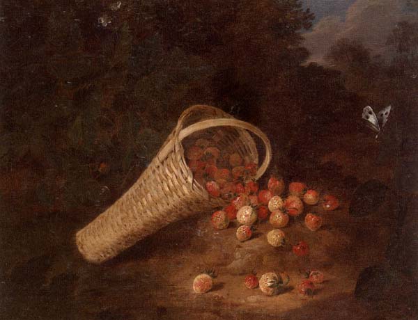 A wooded landscape with sirawberries spilling from an overturned basket